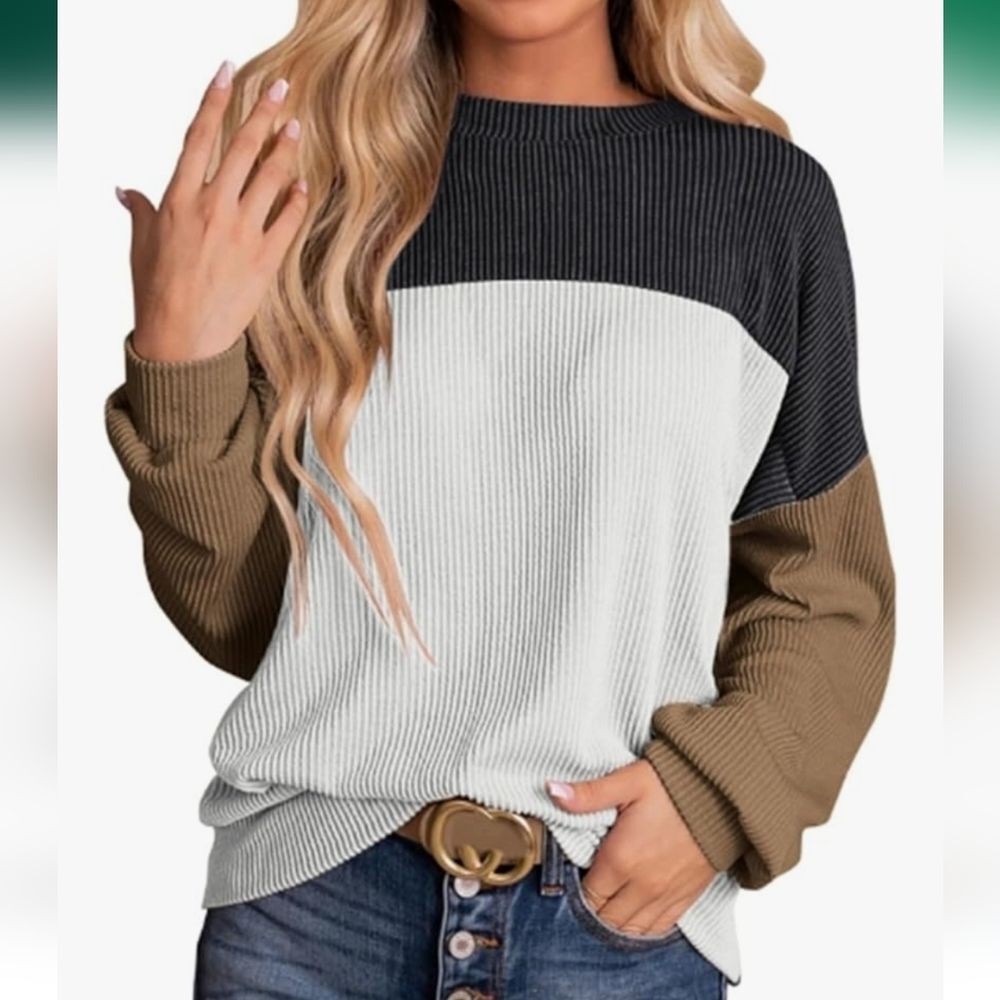 Color Block Long Sleeve Crewneck Knitted Pullover Drop Shoulder Top - NWOT